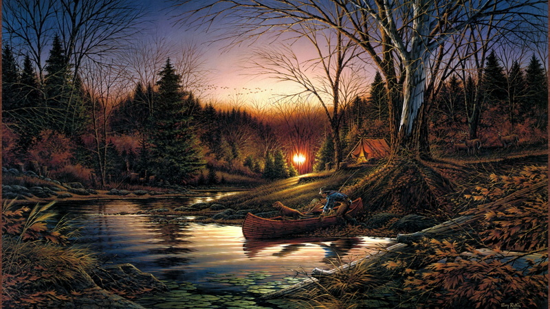 1080P, forest, river, terry, autumn, Migratory, birds, solitude, Tent, Morning, sunrise, Redlin, dog, Deer, boat, art