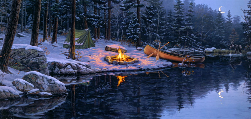 spruce, plant, Back in the Pines, tent, the fire, landscape, canoe, pine, late autumn, scenics, fire - Natural Phenomenon, 2K, waterfront, illuminated