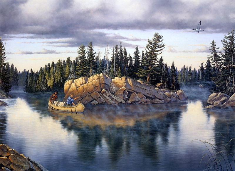 1080P, riding, nature, painting, scenics - nature, two, boat, Derk Hansen, river, men, reflection, stones, tranquil scene, lake, fishermen, nautical vessel