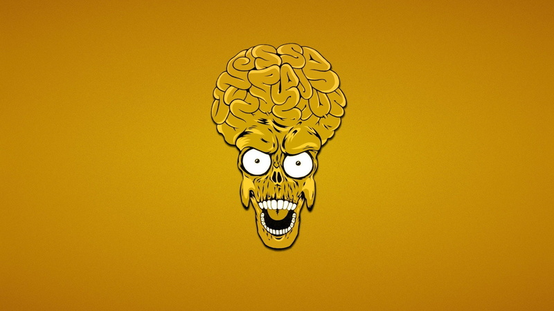 representation, human skull, studio shot, colored background, human body part, animal wildlife, human face, creativity, brain mars attacks aliens yellow movies