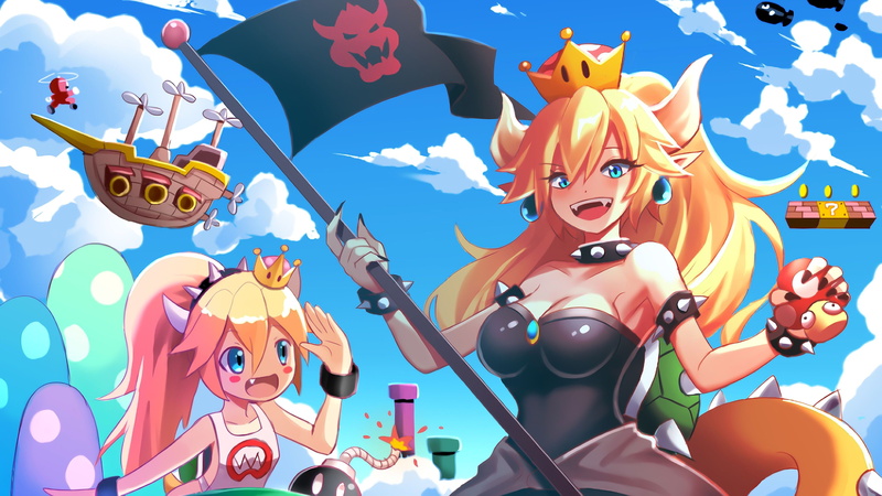 Bowsette, Bowsette Jr., 4K, Mushroom (Mario), Mario, Flag