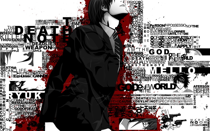 light, death, gun, 2K, ryuk, weapon, yagami, note, blood, polychromatic