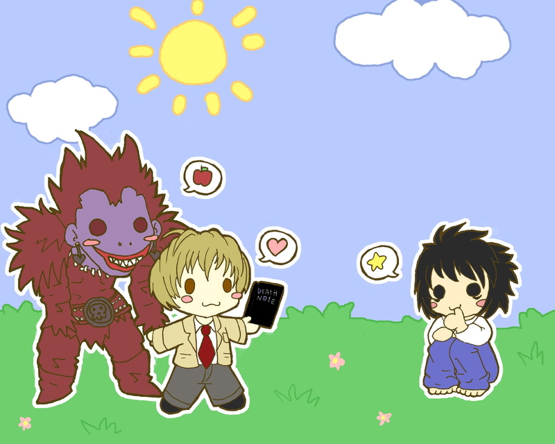 death note, child, l ryuk yagami, girl, happiness, people, small, outdoors, feline, cartoon, plant, girls, smiling, boys, cloud - sky, mammal, anime, three