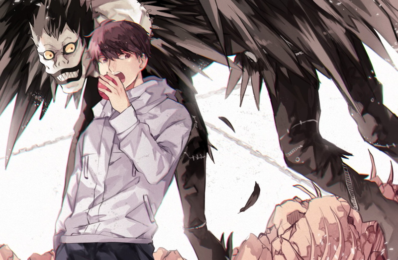 red apple, Death Note, 720P, anime boys, Yagami Light, feathers, bones, Ryuk, short hair, dark hair, anime, chains