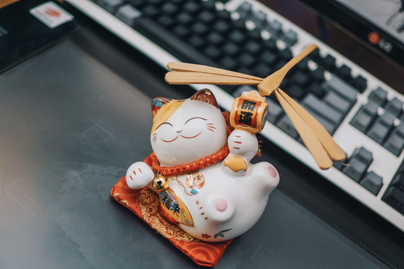 maneki-neko, focus on foreground, representation, food, neko, creativity, food and drink, figurine, high angle view, maneki, indoors, close-up, technology