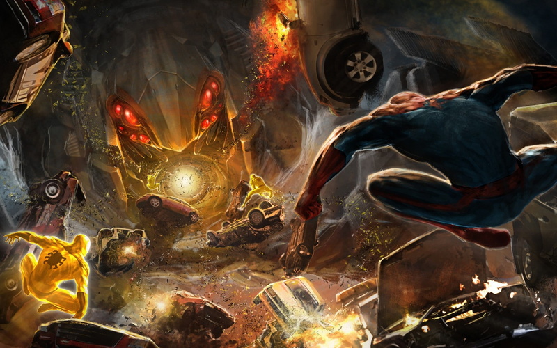 explosions, spiderman, hd, parker, Futuristic, peter, marvel, Robots, comics, art, 1080P, superheroes, artwork