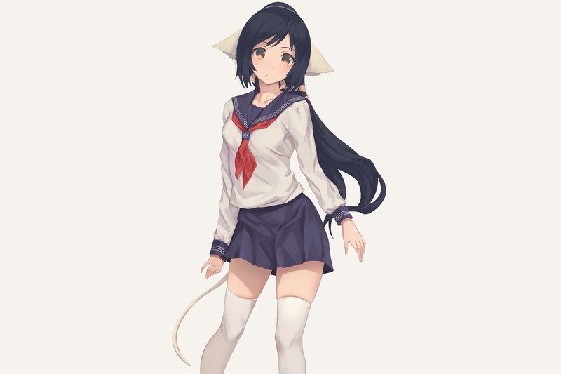 Kuon (Utawarerumono), long hair, anime girls, cut out, thigh-highs, hairstyle, young women, looking, portrait, white background, three quarter length, Utawarerumono
