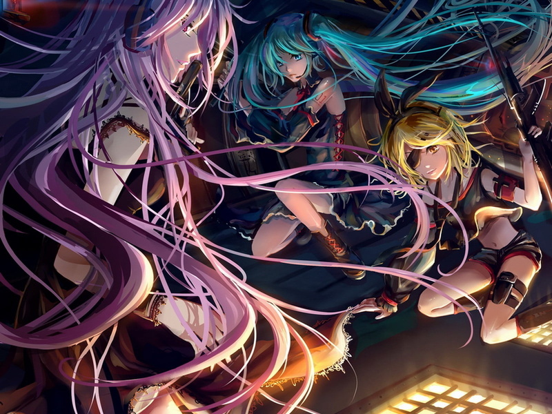 complexity, glowing, adult, anime, indoors, Hatsune Miku, women, night, pattern, multi colored, 720P, backgrounds, young women, front view, Vocaloid, Megurine Luka