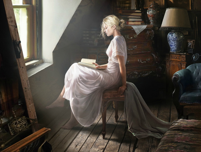 painting, real people, lifestyles, book, window, casual clothing, white, day, hair, indoors, side view, clothing, reading, young adult, woman, full length