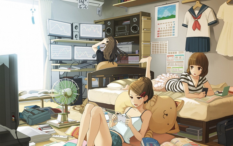 friend, mess, TV, three girl, sailor, 1080P, books, backpack, calendar, fan, speakers, in the room, video game, monitors, on the bed, wardrobe