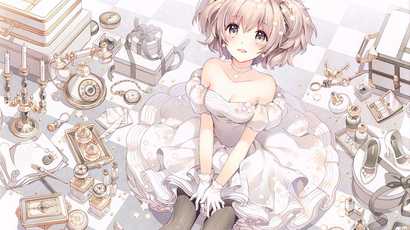 gloves, pearls, stars, short hair, anime girls, smiling, sitting, twintails, looking at viewer, Nardack, shoes, open mouth, anime, gray eyes, jewelry, 1080P