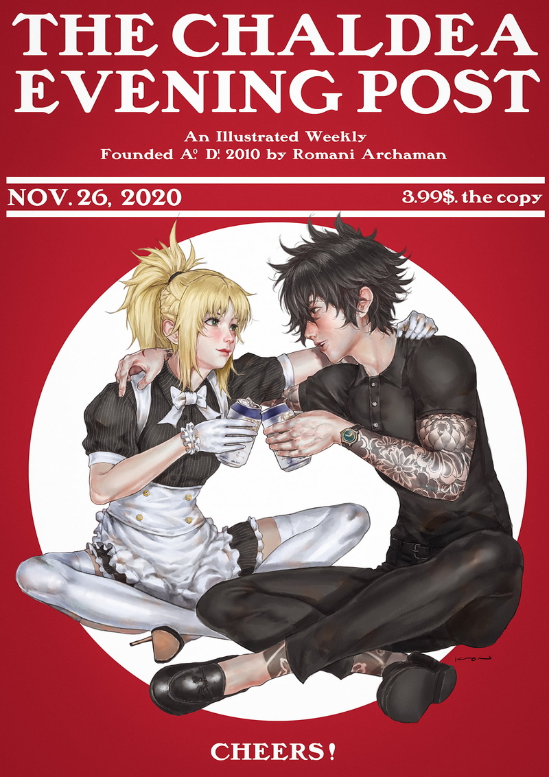 short hair, FGO, alternate outfit, bowtie, short sleeves, bangs, drinking, anime boys, blushing, ponytail, braids, small boobs, red background, Fujimaru Ritsuka