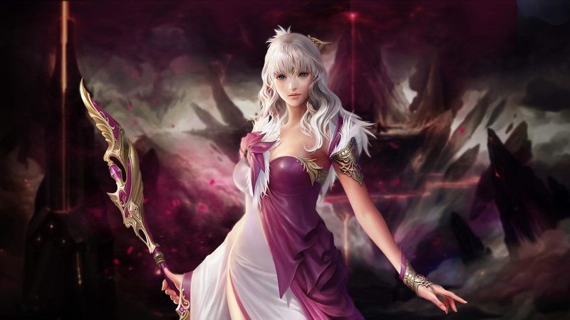 portrait, elegance, Sword, beauty, Witch, women, hair, young women, Sorceress, blond hair, White Hair, Woman, dress, Fantasy, Staff, Purple, fashion model