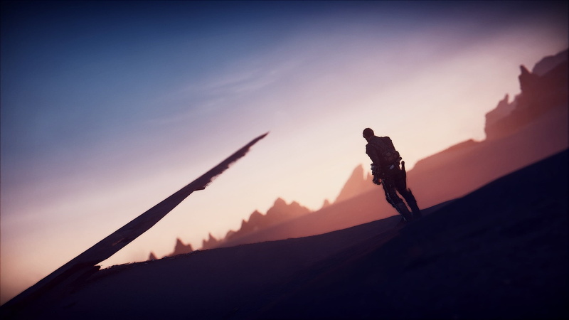 sunset, tranquility, side view, one person, leisure activity, activity, sky, 1080P, futuristic, rock, silhouette, Mad Max (game), full length, dusk, tranquil scene