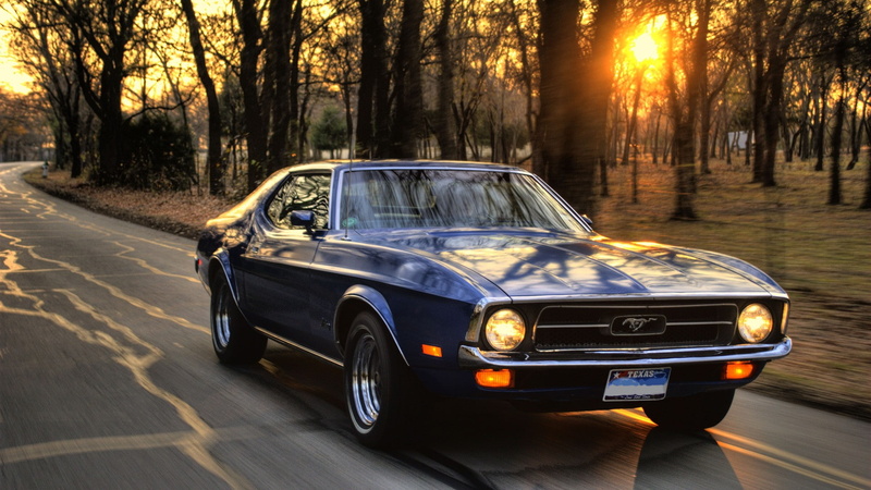 road, cars, mustang, muscle, muscle cars, 1080P, ford mustang, ford, sunset, trees, car