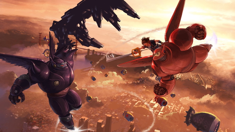 Sora (Kingdom Hearts), sky, full length, orange color, video games, Baymax, outdoors, men, sunlight, day, Crossover, representation, nature, mid-air, 1080P