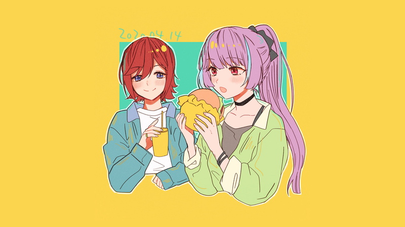 Mikumo Guynemer, anime girls eating, Macross Delta, Kaname Buccaneer, 4K, anime, yellow background