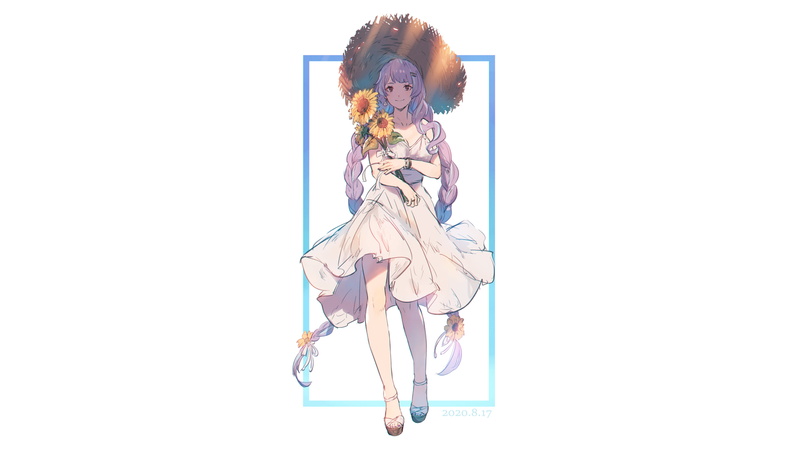 Macross Delta, straw hat, Mikumo Guynemer, 4K, anime girls, white background, Walküre, anime, azu_deltachan, sun dress, sunflowers