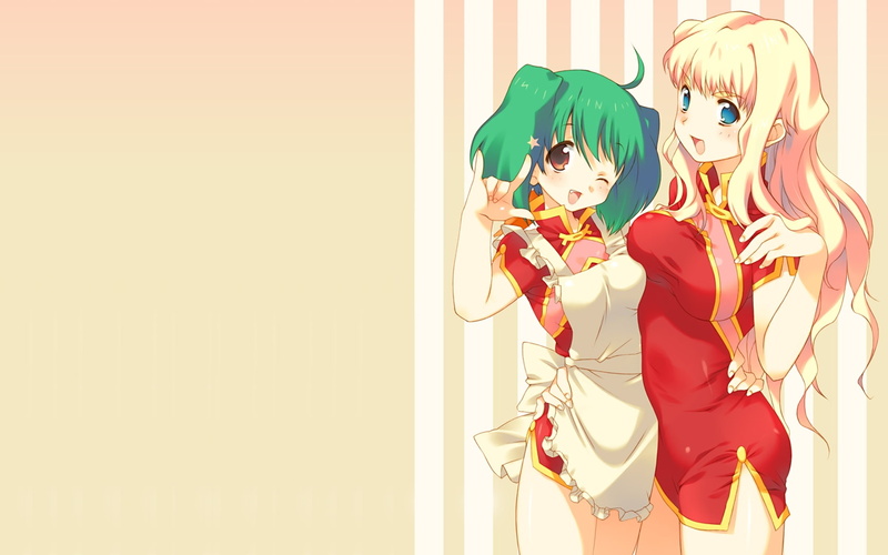 qipao, aprons, girls, macross, hair, blondes, frontier, two, Dress, green, 720P, ran, anime, lee, hd, long, art