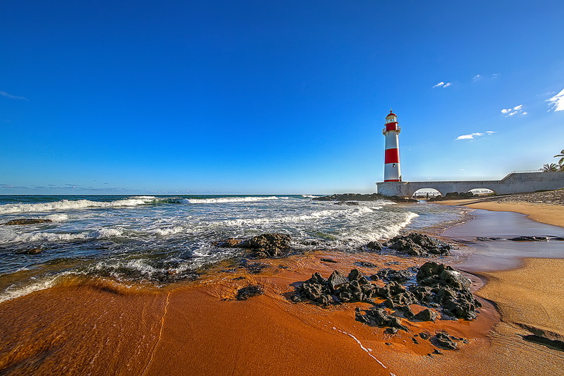 Baja, beach, blue sky, clouds, lighthouse, Brazil, horizon, wave, 5K, Salvador, Itapoan lighthouse