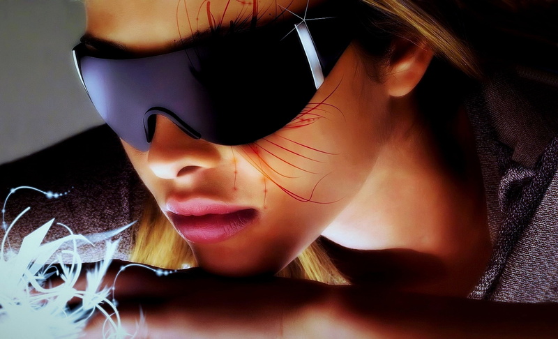 body art, figure, indoors, s, light, interestingly, front view, hair, background, color, sunglasses, drawing, delicious imagination, beauty, informal, fantasy