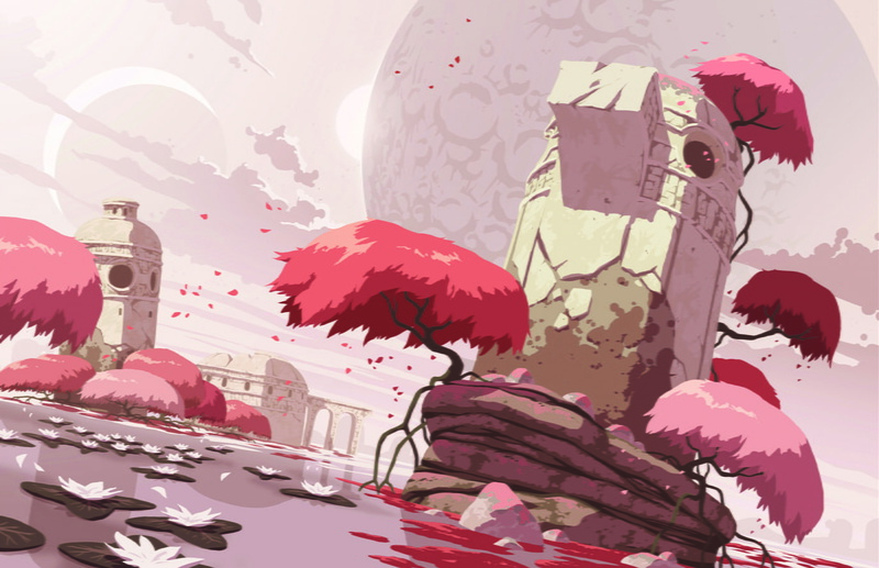 art, water, windy, ruins, lakes, artwork, landscapes, lilies, fictional, fictional landscapes, oban, Clouds, nature, planets, hd, 720P, starracers