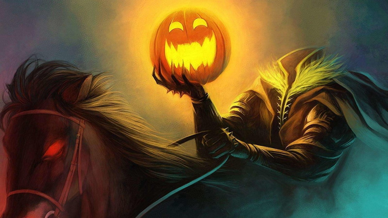 celebration, orange, rider, dangerous, jack o lantern, 4K, danger, ghost, creepy, horse, pumkin, hollow, halloween, man, coat, painting, hand, headless