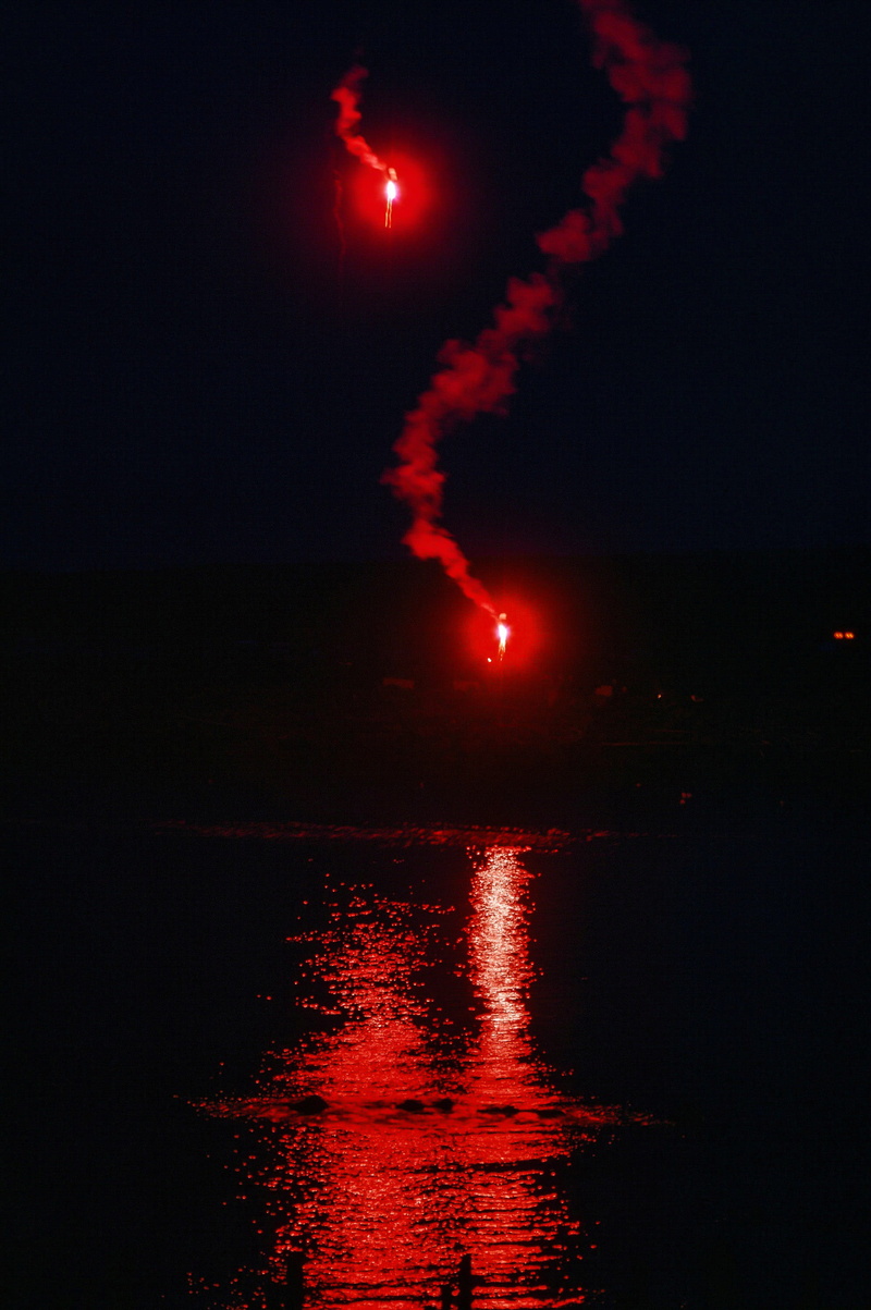 ignition, ship, motion, pyrotechnic, smoke, ocean, caution, nature, sky, warning sign, flashlight, explosion, torch, emergency, flares, no people, signal