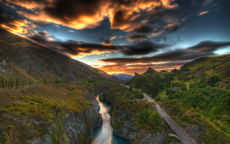 sky, landscape, Kawarau River, water, road, nature, river, New Zealand, forest, HDR, clouds, sunset, 2K, sunlight