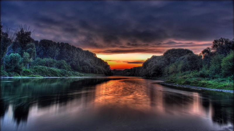 landscape, water, nature, 1080P, sky, digital art, HDR, river, sunset, lake, clouds, sunlight, trees