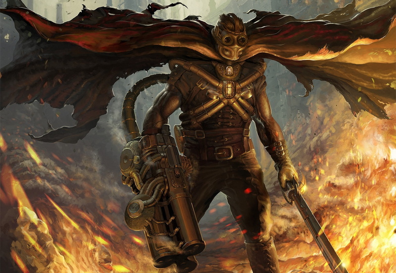art, aggression, man, outdoors, armed forces, human representation, fire, sky, mask, low angle view, power, 1080P, fantasy, one person, flame, spawn, cape