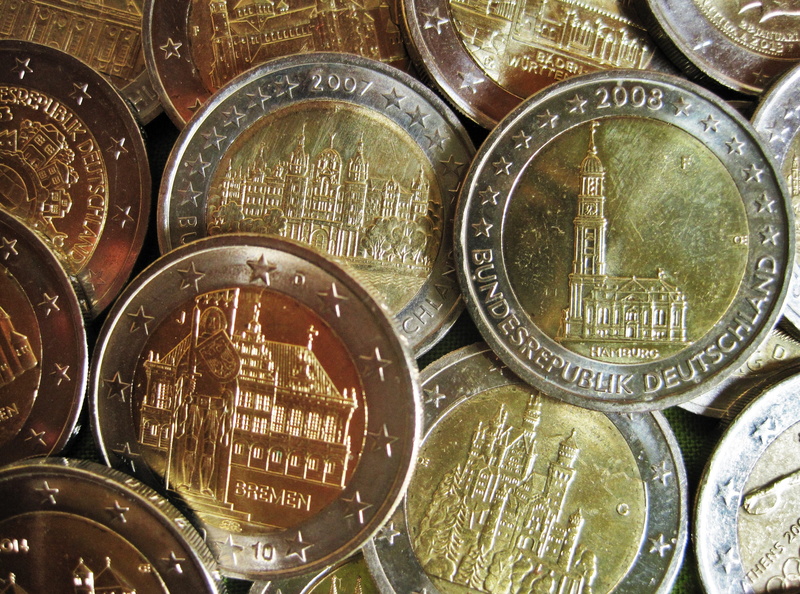large group of objects, special embossing, € coin, regions, 2 euros, metal, economy, no people, finance, close-up, food and drink, euro items, abundance