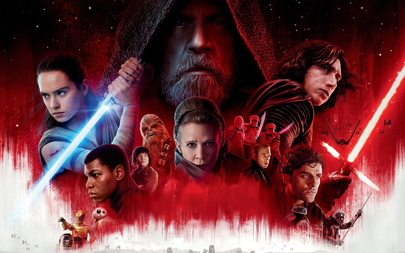 Daisy Ridley, Mark Hamill, poster, background, John Boyega, fiction, Oscar Isaac, Star Wars: The Last Jedi, 4K, Carrie Fisher, red, Adam Driver, collage