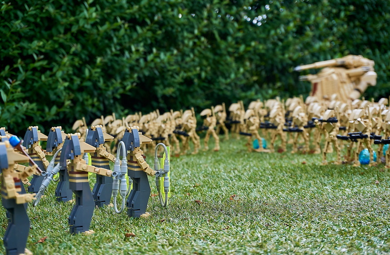 children, plant, tree, skywalker, lego blocks, real people, field, robot, legoland, land, spaceship, weapons, droids, government, battle droids, george lucas