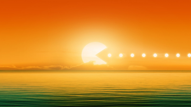 digital art, video games, 2K, Sun, sea, clouds, Pacman, abstract