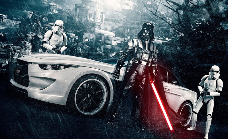 stationary, adult, Vader, mode of transportation, outdoors, two, Star Wars, 1080P, star, car, transportation, Darth, headwear, stormtroopers, city, motorcycle