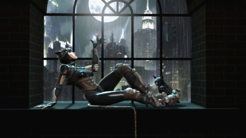 relaxation, Catwoman, day, cat, one person, window, lifestyles, brick, glass - material, women, brick wall, Gods Among Us, wall, sitting, building
