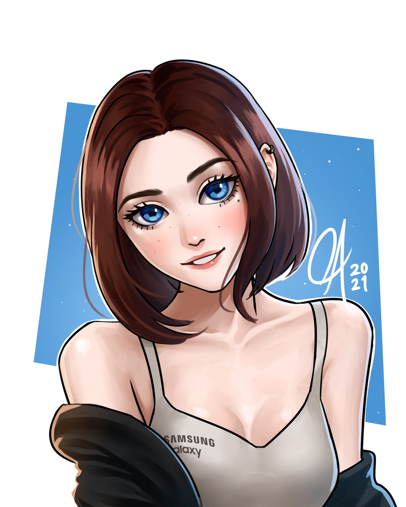 smiling, women, blue eyes, artwork, bra, fan art, Samsung, 4K, Sam (Samsung virtual assistant), brunette, digital art