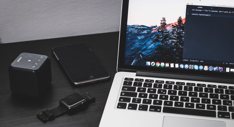 black, apple, computer, simple, desk, furniture, message, high angle view, clean, watch, ikea, laptop, communication, mobile phone, technology, iphone