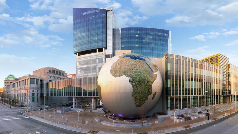 Modern, city, town, North Carolina, architecture, Africa, Urban, Earth, Museum, USA, Raleigh, clouds, glass, 1080P, street, globes, sphere