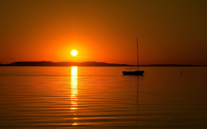 sunset, sunlight, boat, sea, silhouette, 1080P, Golden Hour, reflection