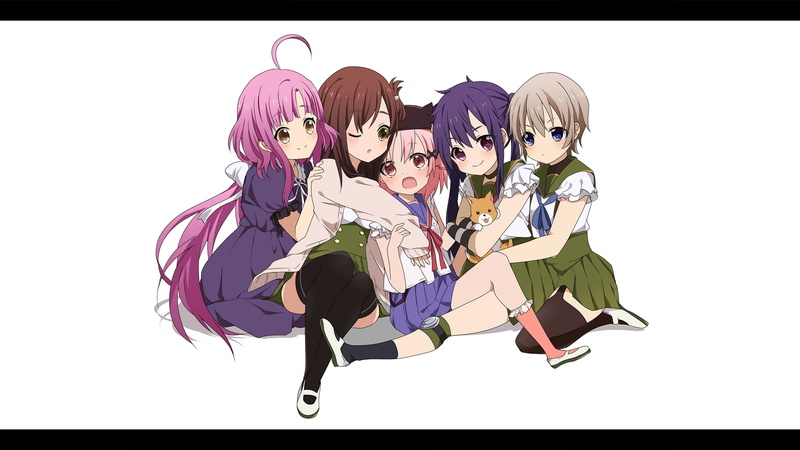 Gakkou Gurashi!, studio shot, girls, child, anime, friendship, copy space, group of people, high angle view, childhood, purple, transfer print, white background
