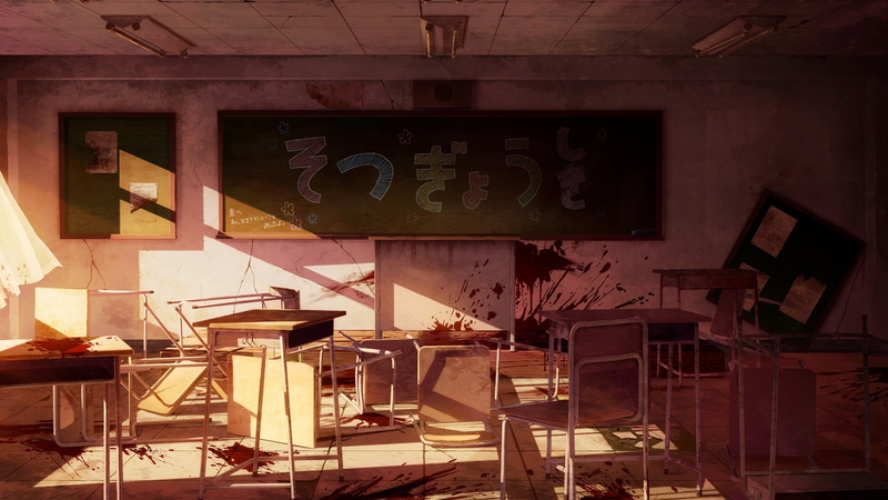 indoors, anime, 2K, classroom, chair, sunlight, dark, Gakkou Gurashi!, blood