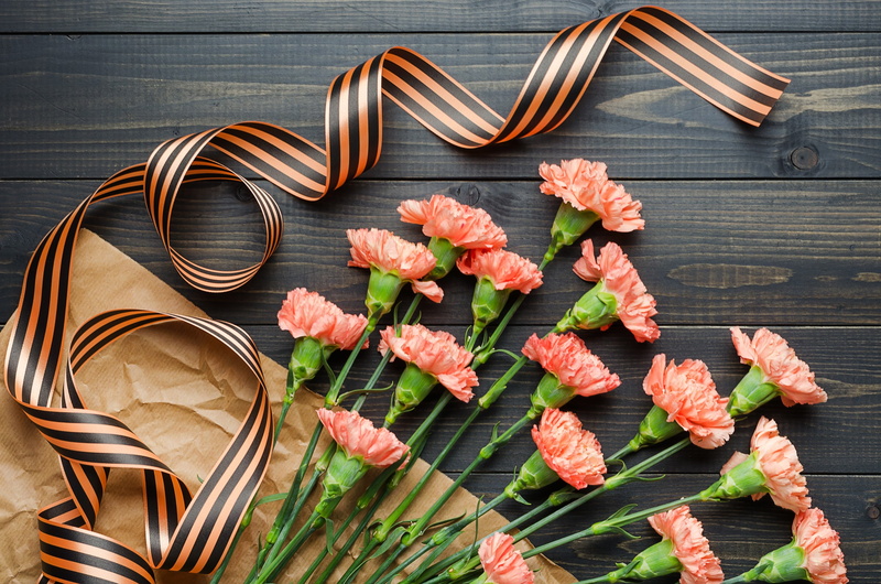 flowers, St. George ribbon, 4K, bouquet, May 9, Victory Day, clove