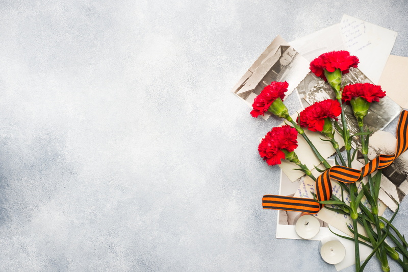 flowers, St. George ribbon, photo, holiday, candles, carnation, 4K, victory day, May 9