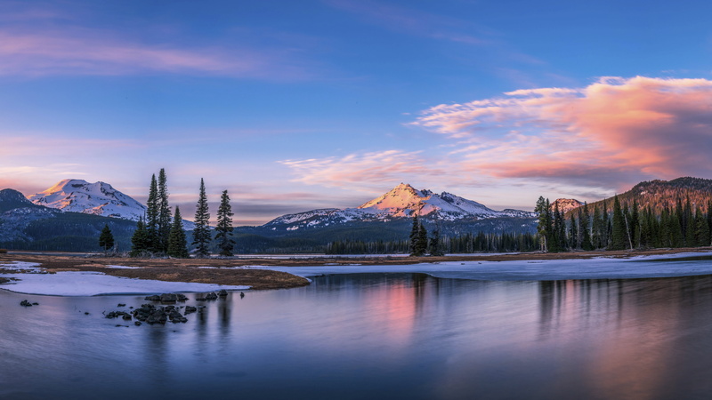 body, Oregon, Sparks Lake, 8k, 8K, USA, lake, 5k, clouds, calm, water, trees, mountains