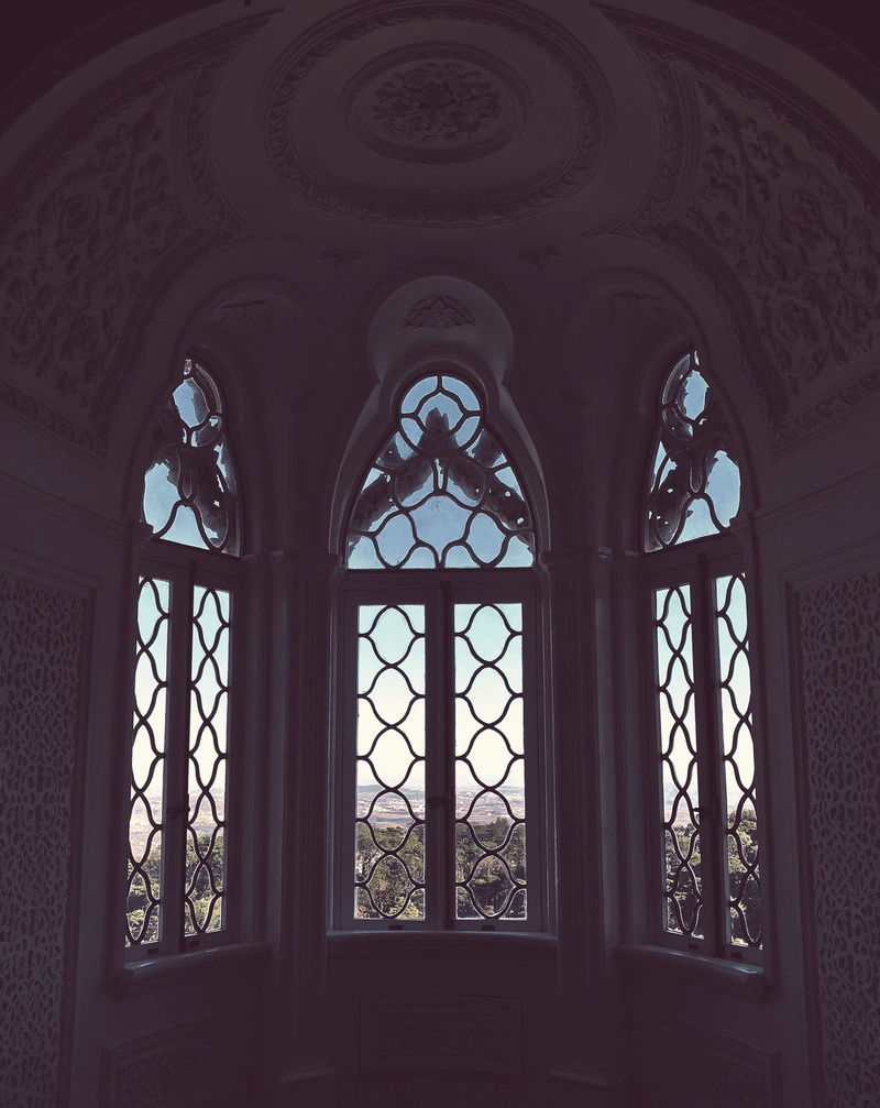 arch, estrada da pena 9, portugal, architecture, 2K, ornate, glass - material, window, janela, sintra, glass, no people, low angle view, indoors, architecture and art