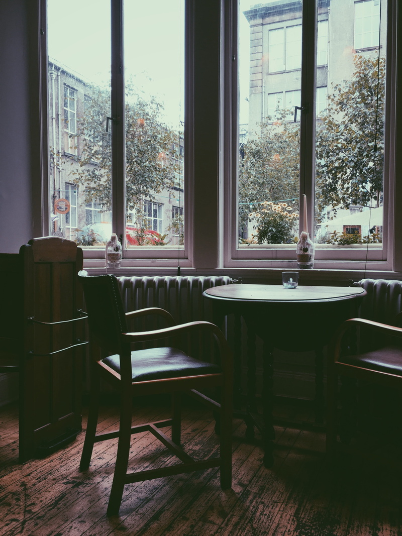 desk, flooring, chairs, seat, living room, table, dining, window shade, building, nature, tree, curtain, chair, housing, picture window, interior design