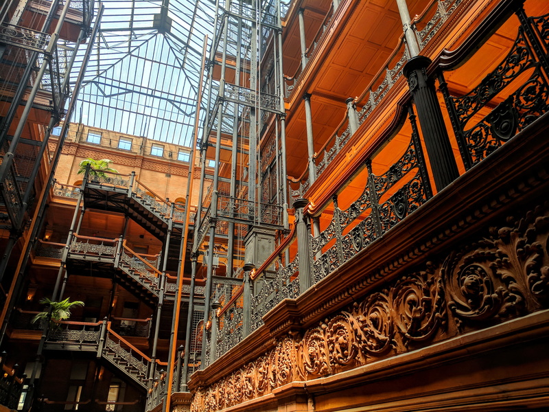 history, built structure, ceiling, day, belief, nature, orange, building, bradbury building, design, office, united states, elevator, 4K, place of worship