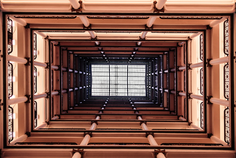 indoors, building, metal, tunnel, pillar, looking up, traditional, angle, geometric shape, sunlight, skylight, pattern, 4K, ceiling, light, balcony, window